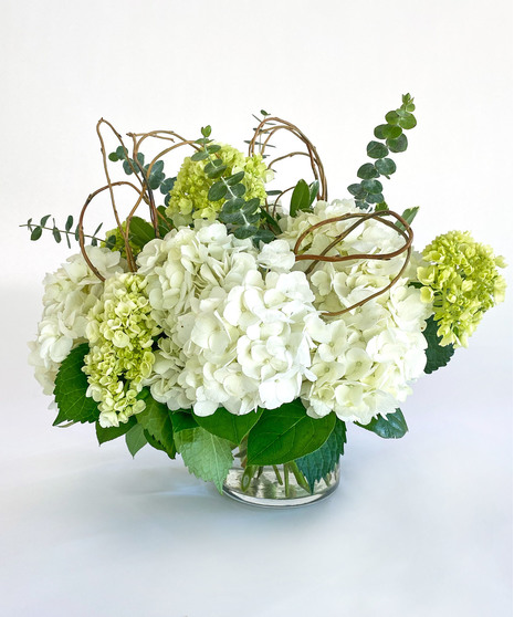 White and green hydrangeas with lily grass and green ribbon in a clear glass vase
